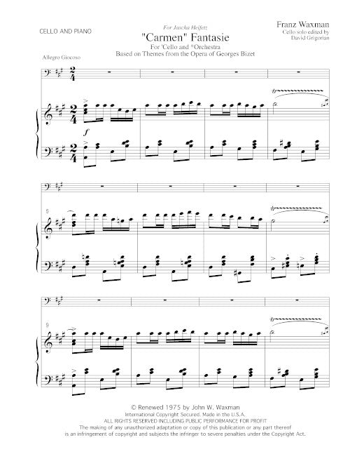 Carmen Fantasie - reduction for cello and piano - Digital (Not Printable)